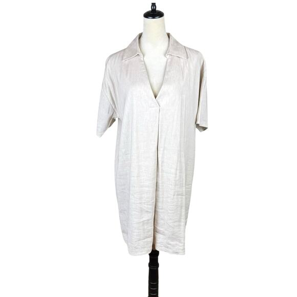 Preston & York Neutral Tan Linen Blend V-neck Collared Knee Length Shift Dress - Picture 1 of 11